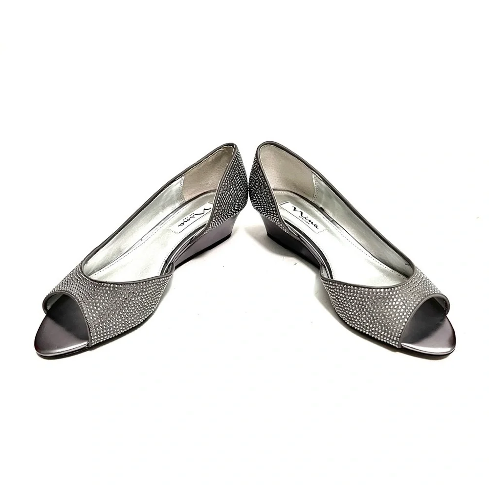 Vintage Y2K gray satin rhinestone d’Orsay wedge heels